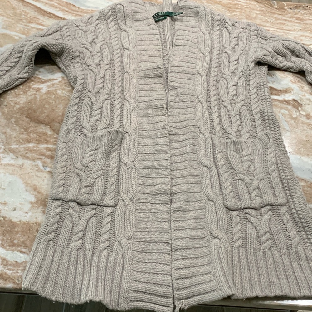Ralph Lauren Wool & Cashmere Thick Cable Cardigan Grey Size M w/Pockets